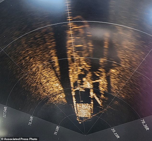 This July 2023 photo taken by Tamara Thomsen and Tom Crossmon shows a sonar image of the Trinidad from the remotely operated vehicle