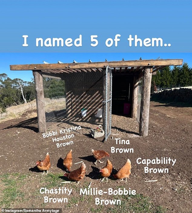 It comes after Samantha revealed that she has six chickens on her farm.  Pictured