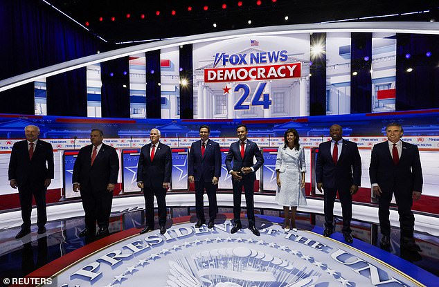 Hogan says if a candidate failed the first debate stage last month, he or she had to withdraw from the race.  But he also specifically criticized Millennial candidate Vivek Ramaswamy (fourth from right), who he says is a 