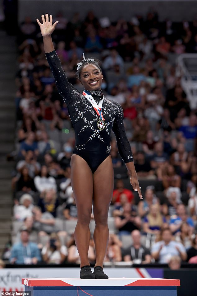 Celebration: The Olympic gymnast officially claimed the U.S. Gymnastics Championship for the eighth time last weekend, becoming the oldest competitor to do so;  seen late last month in San Jose