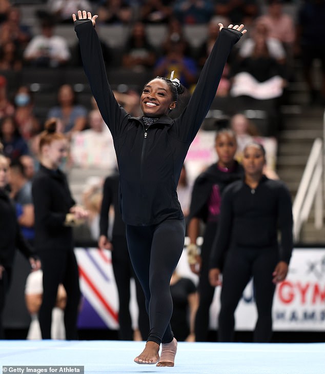 Milestone: After two days of competition at the SAP Center, Biles achieved an overall score of 118.40, just four points higher than runner-up Shilese Jones;  seen on August 27 in San Jose