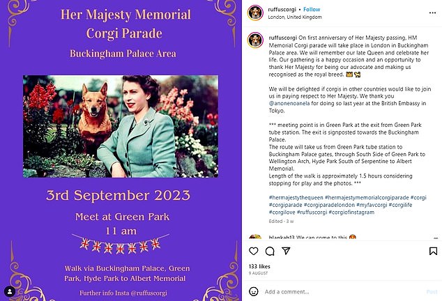 Mrs Crerer-Gilbert wants to rally the breed to pay tribute again as they walk past Buckingham Palace together this Sunday