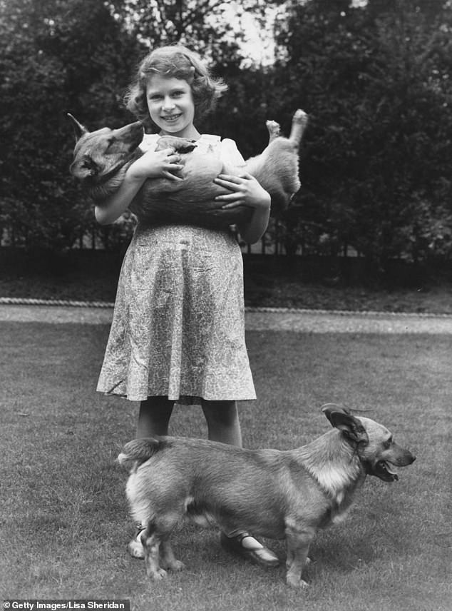 A young Princess Elizabeth before becoming Queen, with two corgi dogs at her home at 145 Piccadilly, London, July 1936