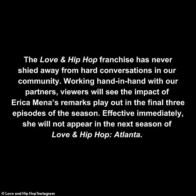 The popular VH1 series went official on social media with the following official statement: 'The Love & Hip Hop franchise has never shied away from hard conversations in our community'