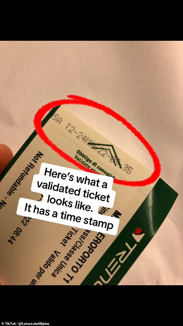 She showed what a validated ticket looks like (pictured) and explained that it had to be timestamped