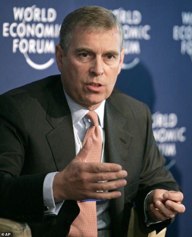 The Duke of York's correspondence with ministers - including details of his dealings as a trade ambassador - came to light in response to freedom of information.  Pictured: Prince Andrew speaking at the World Economic Forum in Davos, Switzerland, when he was a trade envoy