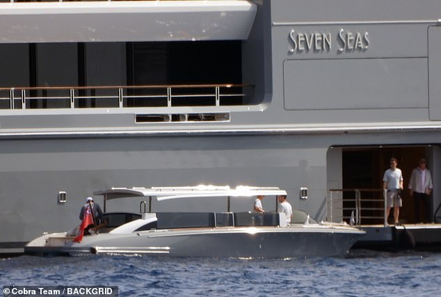 A smaller boat below shows the scale of the massive Seven Seas yacht named after Spielgberg's former ship