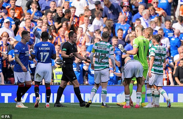 The Celtic players protested and the goal was disallowed by VAR for a foul during the build-up