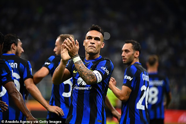 Martinez celebrated after scoring the first of his two goals in an easy afternoon for Inter