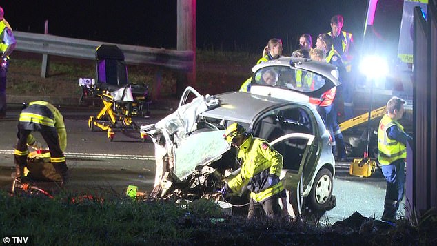 The driver of the Toyota Echo (pictured), Alina Kauffman, 24, and her 15-year-old brother Ernesto Salazer, were treated at the scene by paramedics but could not be rescued