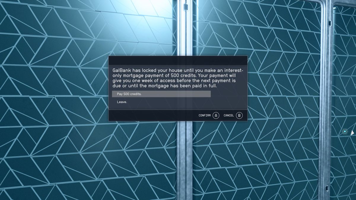 A prompt instructs the player to pay 500 credits to enter the Dream House on Nesoi in Starfield.