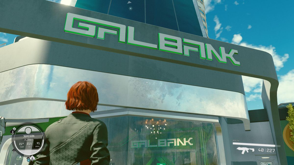 An explorer stands outside Galbank in New Atlantis in Starfield as he tries to pay off the Dream Home property.