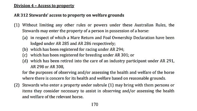 The Racing NSW rules show that stewards can access a premises for welfare reasons