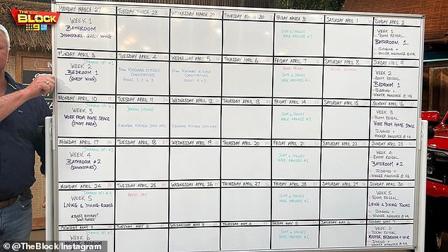 A whiteboard showing a preview of the full 2023 build schedule for Blockheads