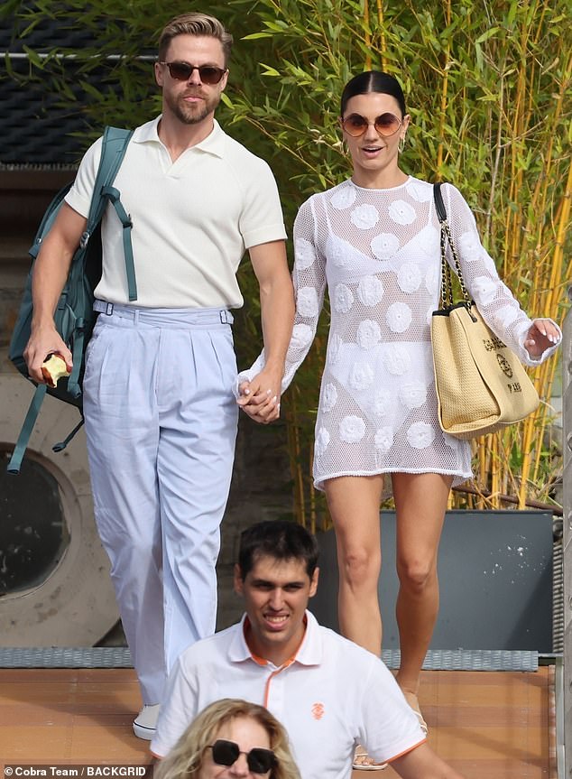 Glam: The So You Think You Can Dance alumnus showed off her chic bikini through a sheer white mini dress and carried her belongings in a beige Chanel tote bag