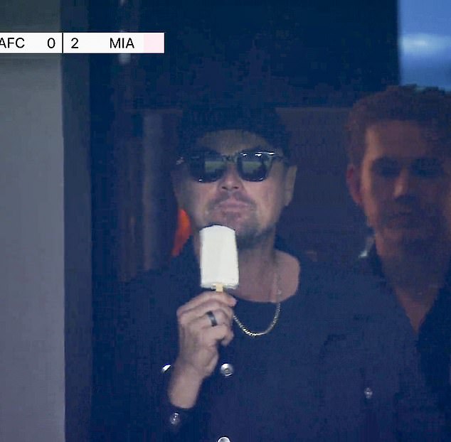 Sports fan: In addition to the owner sitting on the field, the stars were also on hand with Leonardo DiCaprio, 48, joining in on the fun and opting for his signature laid-back look, sporting sunglasses, a baseball hat, a t-shirt and a dark jacket for the event