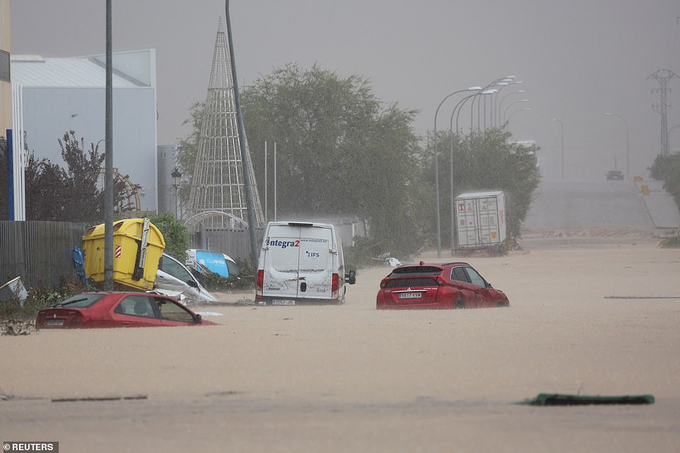 Cars are stranded on a flooded road, after heavy rain in Toledo, Spain, September 4, 2023