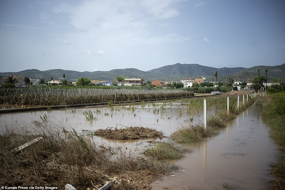 The street flooded by the rain, on September 3, 2023, in Les Cases d'Alcanar, Tarragona, Catalonia, Spain