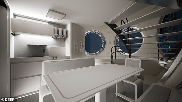 The galley has a dining table, a simple kitchen and large windows with a view over the seabed