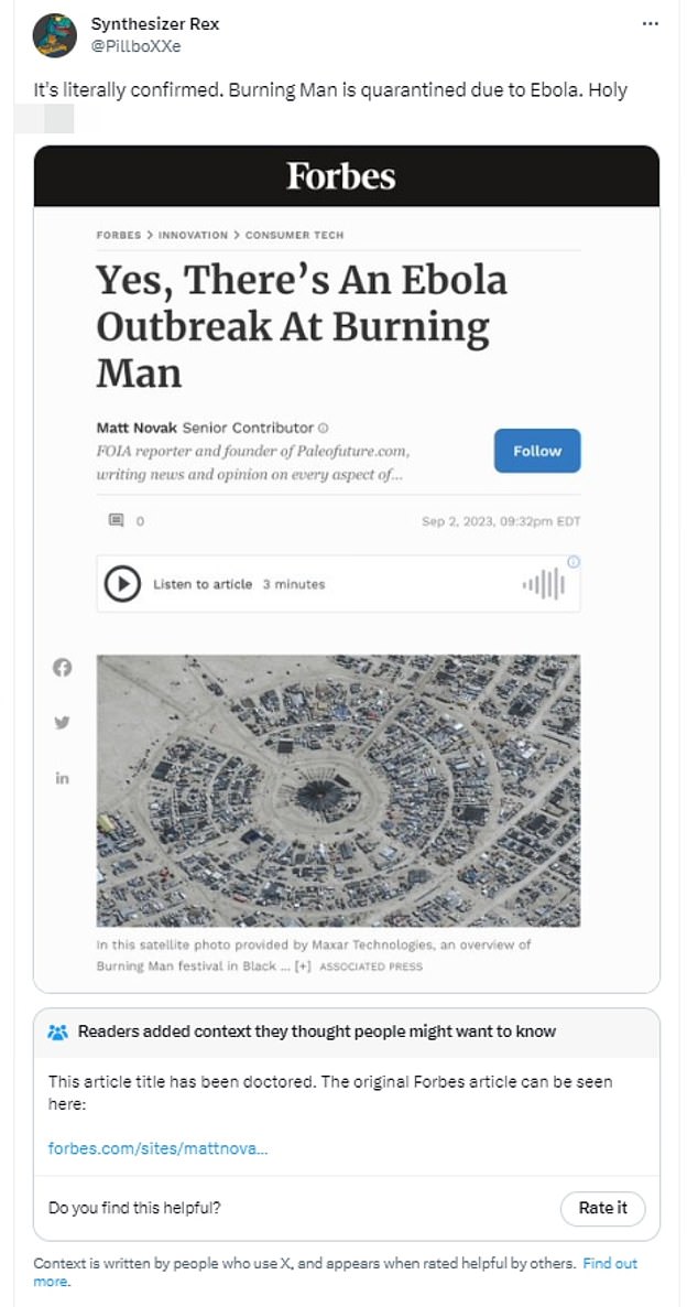 An X account faked a Forbes news article claiming the outbreak was true.  X has since added a comment that this is a false claim