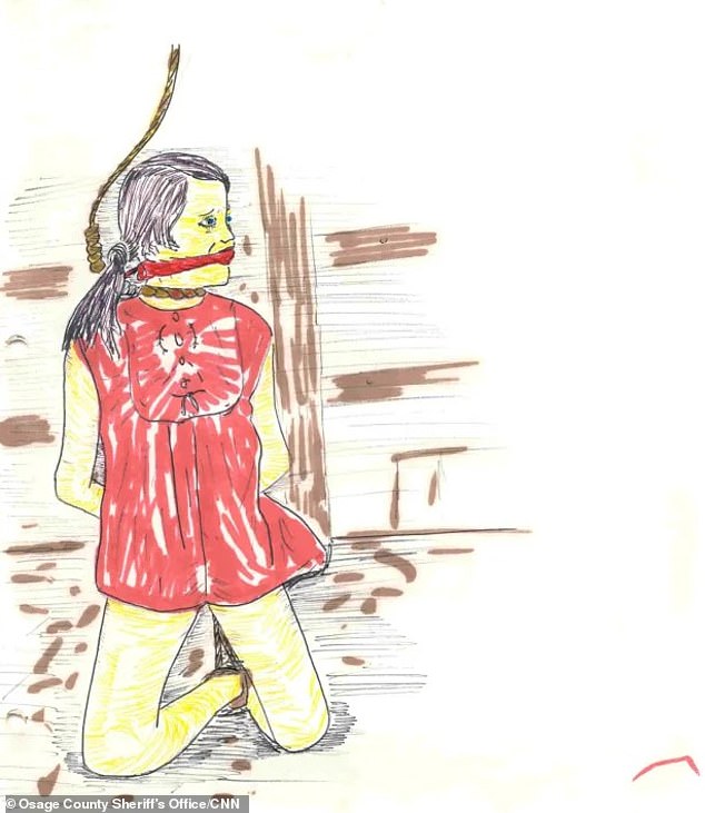 A second drawing shows a young, dark-haired girl in a red top sitting on her knees being tied and gagged with a rope around her neck.  The image shows brown horizontal lines in the background