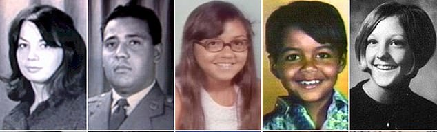 BTK's ten victims: (LR) January 15, 1974: #1 Julie Otero (age 33) Strangled with a rope;  #2 Joseph Otero (age 38) Suffocated by a plastic bag;  #3 Josephine Otero (age 11) Hanged with a rope;  #4Joseph Otero, Jr.  (9 years) Suffocated by a plastic bag;  April 4, 1974: #5 Kathryn Bright (aged 21) stabbed 3 times in the abdomen with a knife