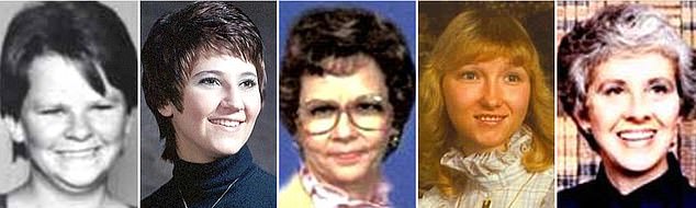 (L-R) March 17, 1977: #6 Shirley Vian (age 24) Strangled with a rope;  December 8, 1977: #7 Nancy Fox (aged 25) Strangled with a belt;  April 27, 1985: #8 Marine Hedge (aged 53) Strangled with hands;  September 16, 1986: #9 Vicki Wegerle (age 28) Strangled with nylon stocking;  January 19, 1991: #10 Dolores E. Davis (aged 62) Strangled with pantyhose