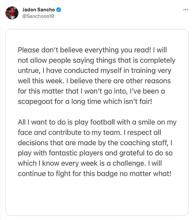 Sancho responded to Ten Hag's comments after the game via a post on his social media on Sunday