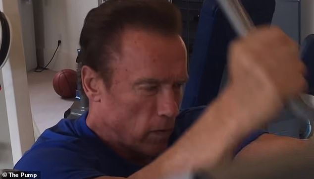 Gym: After his release from the hospital, Arnold returned to the gym.  The video shows him starting slowly with some simple curls and then moving on to machines