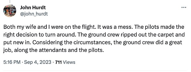 One passenger praised the crew and cleaning staff for the way they handled the situation