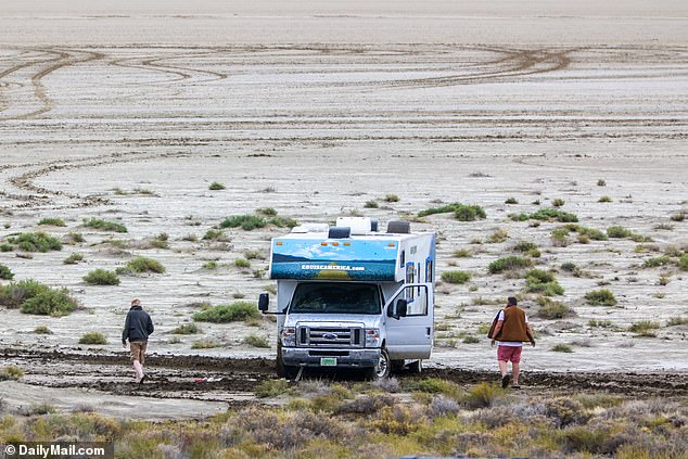 A motorhome is stuck in mud as the drivers tried to leave the Nevada property