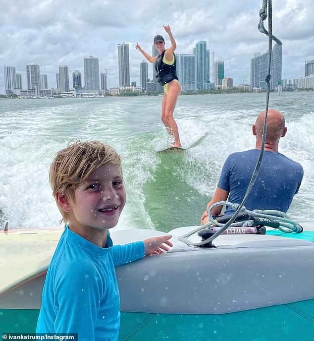 Ivanka shared a video of her wakeboarding herself behind a boat with seven-year-old son Theo, watching from behind as his mom gave a thumbs up