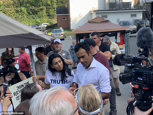 Vivek and Apoorva Ramaswamy spoke to voters before the biotech millionaire made his remarks in Salem, New Hampshire