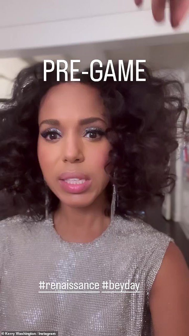 Silver: Kerry Washington, 46, also shared an excited clip of herself getting ready to attend the show, rocking a silver top, eye shadow and earrings