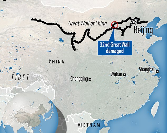 The Great Wall of China was first built in the Qin Dynasty (259 BC to 210 BC) by China's first emperor, Qinshihuang.  It is the world's largest man-made structure with a length of about 21,170 kilometers.  Marked is where the wall was damaged