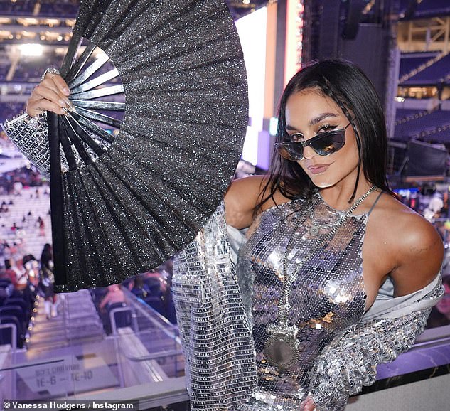 Stunning: The actress looked fabulous in the glitzy mini dress with a thigh-high leg split as she posed for pre-show photos at SoFi Stadium