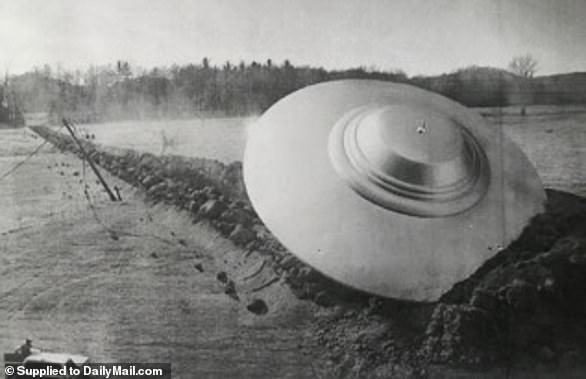 An artist's impression of the alleged 1933 UFO crash outside Magenta in northern Italy shows a saucer-shaped spacecraft