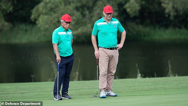 Controversy has arisen over a private golf trip Mr Marles took to King Island in Tasmania in April, flanked by an Australian Federal Police security officer at taxpayer expense.  Pictured: Richard Marles plays golf with his Southeast Asian counterpart while visiting Cambodia in November 2022