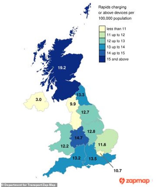 DfT's own data shows the disparity in fast charging device availability across the country, with Wales and the North West of England being undersupplied compared to the rest of Britain