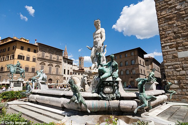 The Fountain of Neptune is located in the center of the city's Piazza della Signoria