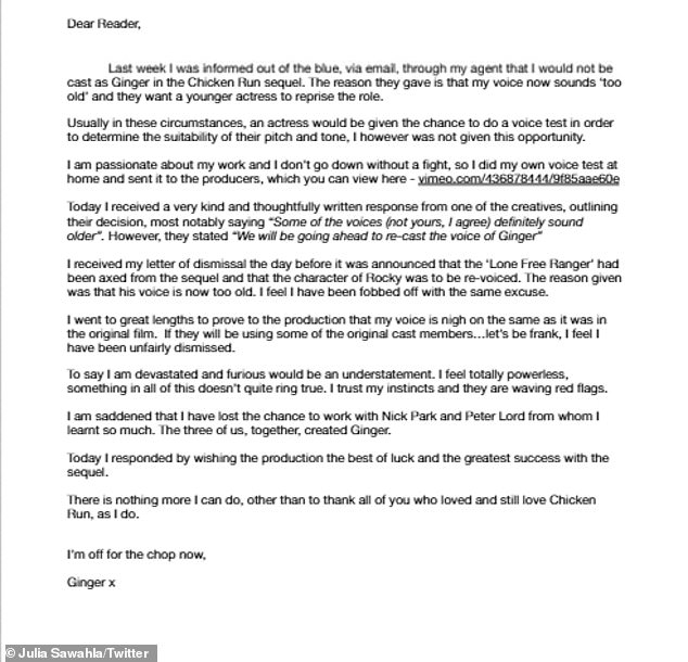 Speaking, “I was told out of the blue, via email, through my agent that I would not be cast as Ginger in the Chicken Run sequel,” Julia wrote in an open letter at the time