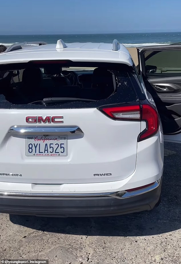 Shocking footage showed the trunk of the car smashed, with broken glass scattered on the ground