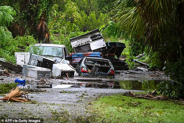 A backyard of a home is flooded in Steinhatchee, Florida on August 30, 2023 after Hurricane Idalia made landfall