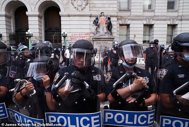 Protesters clash with members of the New York Police Department at City Hall Park July 1, 2020 in New York,