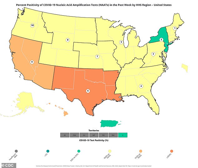 The above map shows the percentage of Covid test positivity by US region for the week ending August 26