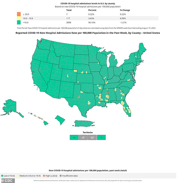 The above map shows the weekly number of hospitalizations due to Covid-19 by US county for the week ending August 19.