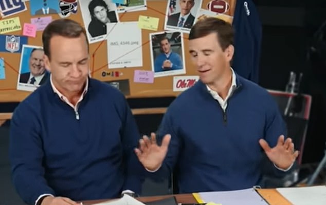 Brady was rejected by the parody of Peyton (L) and Eli Manning (R) falling behind their ManningCast