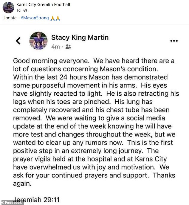 Martin's mother asked everyone for their continued support and prayers for her son, who is one step closer to recovery