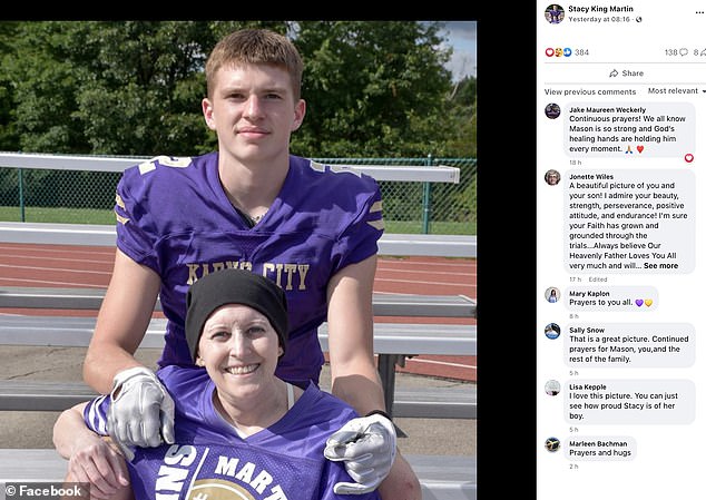 Mason Martin and his mother Stacy King Martin wearing the purple and yellow Karns City Gremlin football jersey