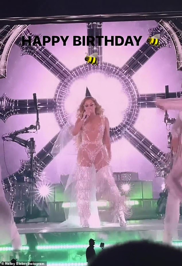 After the concert, Hailey shared a few clips on her Instagram story of Beyoncé on stage and wished her a happy birthday.  She posted a clip of the entrepreneur wearing a silver tinsel outfit and a birthday hat on top of her perfect blonde curls as she performed on stage.